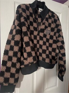 Pink Checkerboard Sherpa Zip Pullover - Black & Taupe